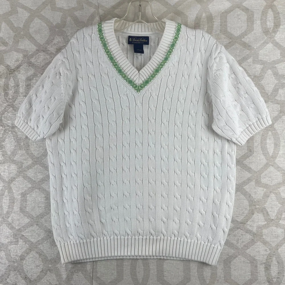 Brooks Brothers Cable Knit Tennis Sweater Youth XL White Green‎ V-Neck Short Slv